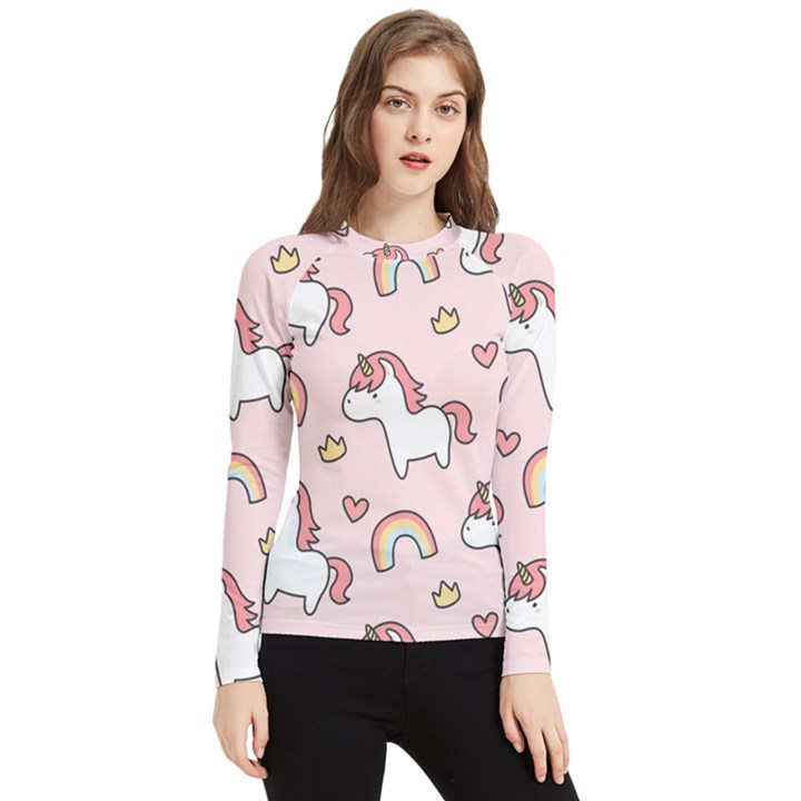 Cute-unicorn-rainbow-seamless-pattern-background Women s Long Sleeve Rash Guard