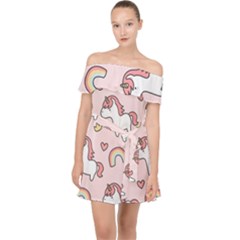 Cute-unicorn-rainbow-seamless-pattern-background Off Shoulder Chiffon Dress by Wegoenart