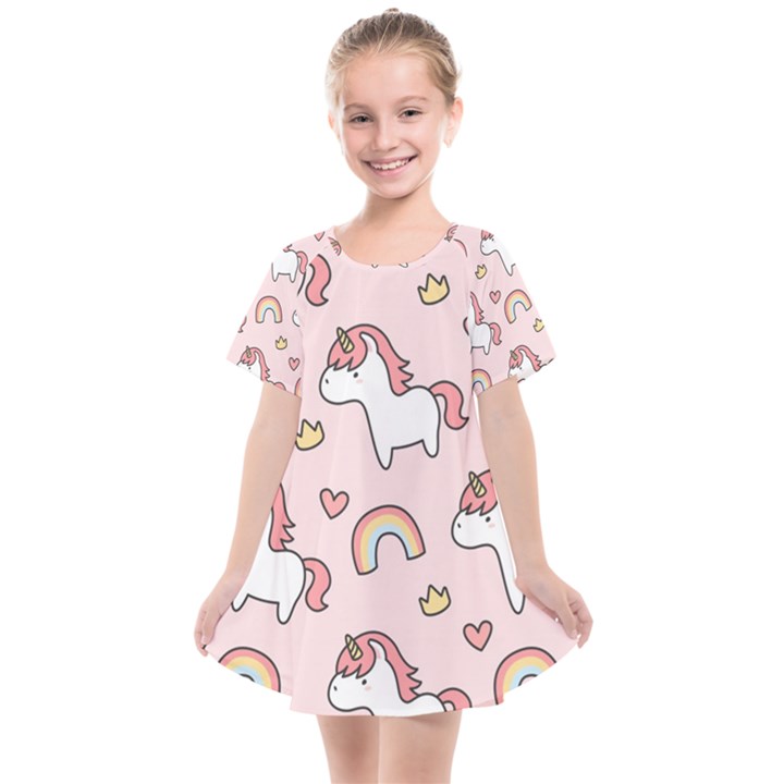 Cute-unicorn-rainbow-seamless-pattern-background Kids  Smock Dress