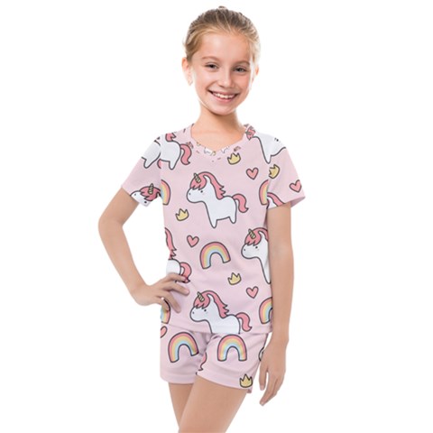 Cute-unicorn-rainbow-seamless-pattern-background Kids  Mesh Tee And Shorts Set by Wegoenart