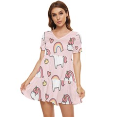 Cute-unicorn-rainbow-seamless-pattern-background Tiered Short Sleeve Babydoll Dress by Wegoenart