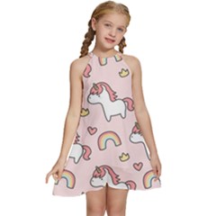 Cute-unicorn-rainbow-seamless-pattern-background Kids  Halter Collar Waist Tie Chiffon Dress by Wegoenart