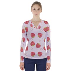 Strawberries Pattern Design V-neck Long Sleeve Top by Wegoenart