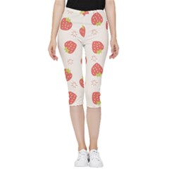 Strawberries Pattern Design Inside Out Lightweight Velour Capri Leggings  by Wegoenart