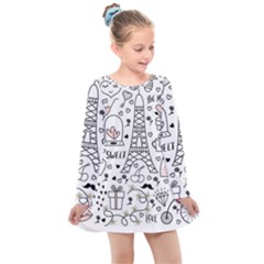 Big Collection With Hand Drawn Object Valentine Day Kids  Long Sleeve Dress by Wegoenart