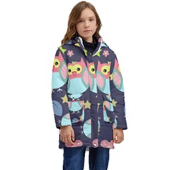 Owl Star Pattern Background Kid s Hooded Longline Puffer Jacket by Wegoenart