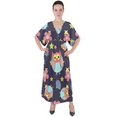 Owl Star Pattern Background V-neck Boho Style Maxi Dress by Wegoenart