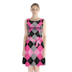 Seamless Argyle Pattern Sleeveless Waist Tie Chiffon Dress by Wegoenart