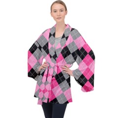 Seamless Argyle Pattern Long Sleeve Velvet Kimono  by Wegoenart