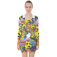 Psychedelic Rock Jimi Hendrix V-neck Bodycon Long Sleeve Dress by Jancukart