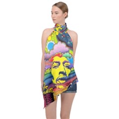 Psychedelic Rock Jimi Hendrix Halter Asymmetric Satin Top by Jancukart