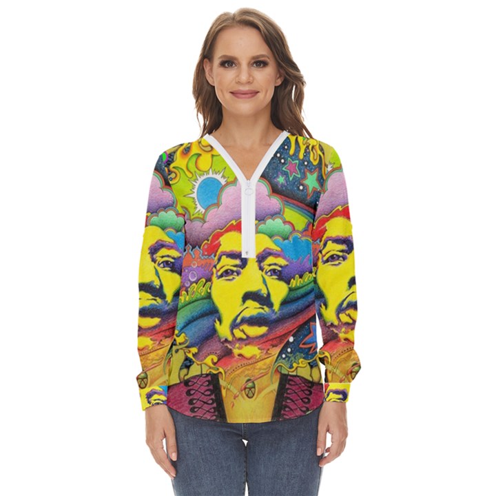 Psychedelic Rock Jimi Hendrix Zip Up Long Sleeve Blouse