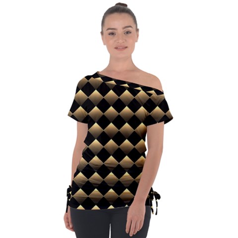 Golden Chess Board Background Off Shoulder Tie-up Tee by Wegoenart