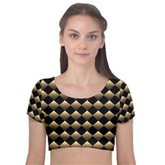 Golden Chess Board Background Velvet Short Sleeve Crop Top  by Wegoenart