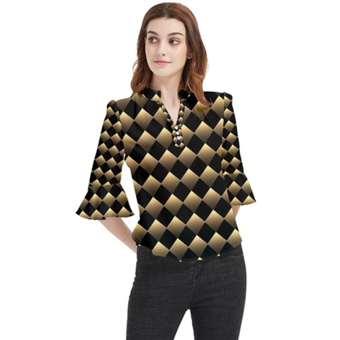 Golden Chess Board Background Loose Horn Sleeve Chiffon Blouse by Wegoenart