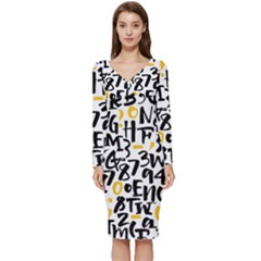 Letters Pattern Long Sleeve V-neck Bodycon Dress  by Wegoenart