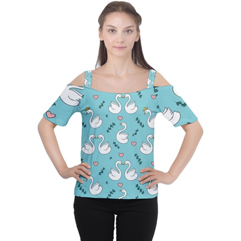 Elegant Swan Pattern Design Cutout Shoulder Tee by Wegoenart