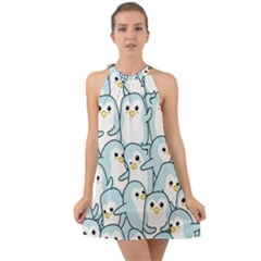 Penguin Pattern Halter Tie Back Chiffon Dress by Wegoenart