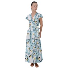 Penguin Pattern Flutter Sleeve Maxi Dress by Wegoenart