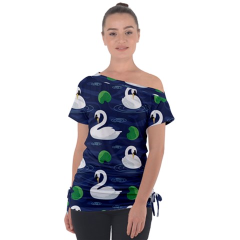 Swan Pattern Elegant Design Off Shoulder Tie-up Tee by Wegoenart