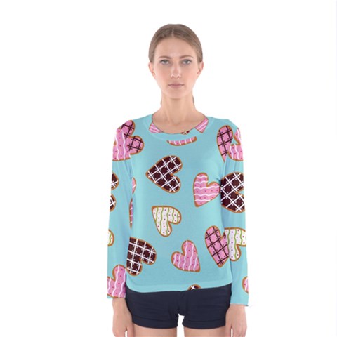 Seamless-pattern-with-heart-shaped-cookies-with-sugar-icing Women s Long Sleeve Tee by Wegoenart