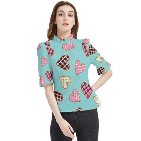 Seamless-pattern-with-heart-shaped-cookies-with-sugar-icing Frill Neck Blouse by Wegoenart