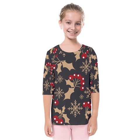 Christmas Pattern With Snowflakes-berries Kids  Quarter Sleeve Raglan Tee by Wegoenart