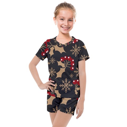 Christmas Pattern With Snowflakes-berries Kids  Mesh Tee And Shorts Set by Wegoenart