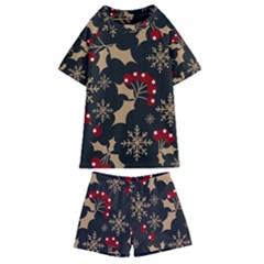 Christmas Pattern With Snowflakes-berries Kids  Swim Tee And Shorts Set by Wegoenart