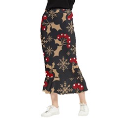 Christmas Pattern With Snowflakes-berries Maxi Fishtail Chiffon Skirt by Wegoenart