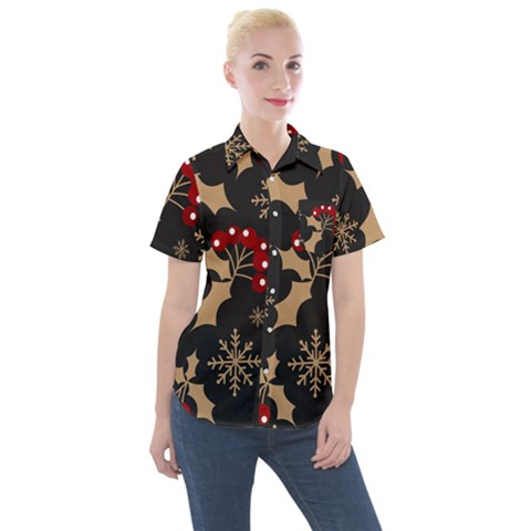 Christmas Pattern With Snowflakes-berries Women s Short Sleeve Pocket Shirt by Wegoenart