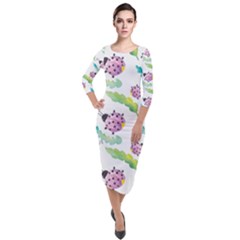 Watercolor-pattern-with-lady-bug Quarter Sleeve Midi Velour Bodycon Dress by Wegoenart