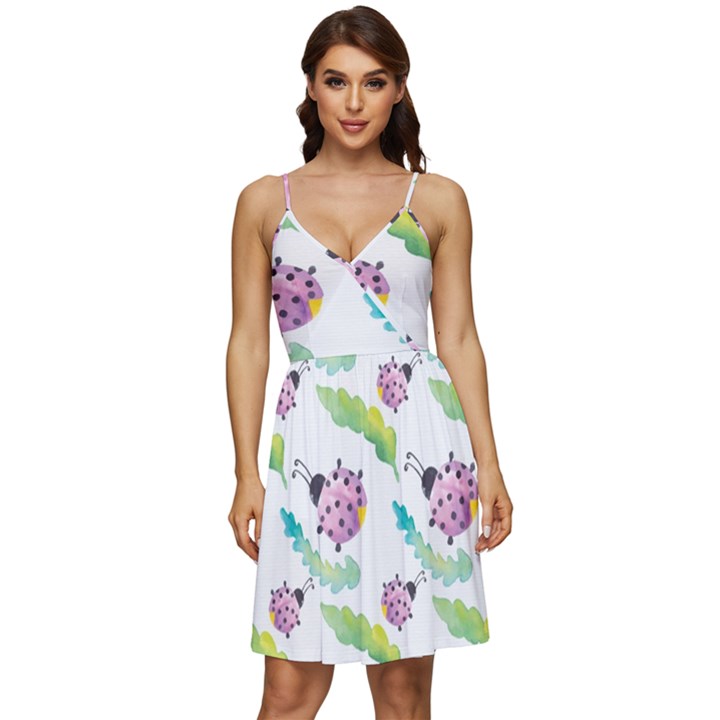 Watercolor-pattern-with-lady-bug V-Neck Pocket Summer Dress 