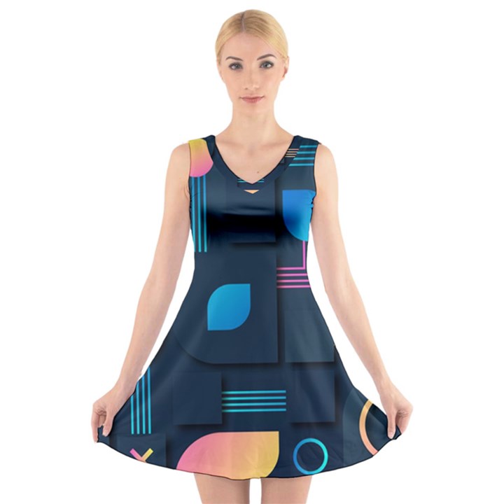 Gradient Geometric Shapes Dark Background V-Neck Sleeveless Dress