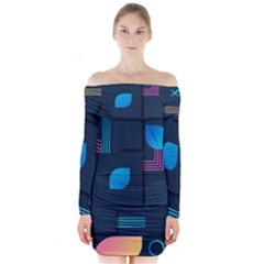 Gradient Geometric Shapes Dark Background Long Sleeve Off Shoulder Dress by Wegoenart