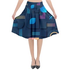 Gradient Geometric Shapes Dark Background Flared Midi Skirt by Wegoenart