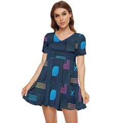 Gradient Geometric Shapes Dark Background Tiered Short Sleeve Babydoll Dress by Wegoenart