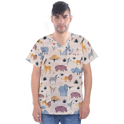 Wild-animals-seamless-pattern Men s V-neck Scrub Top by Wegoenart