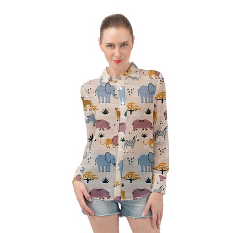 Wild-animals-seamless-pattern Long Sleeve Chiffon Shirt by Wegoenart