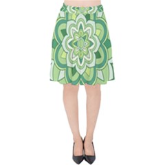 Floral-green-mandala-white Velvet High Waist Skirt by Wegoenart