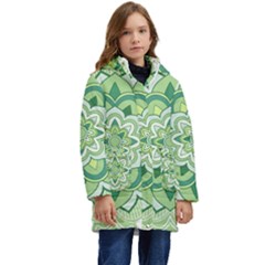 Floral-green-mandala-white Kid s Hooded Longline Puffer Jacket by Wegoenart