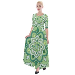 Floral-green-mandala-white Half Sleeves Maxi Dress by Wegoenart