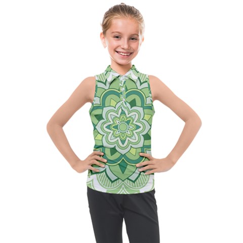 Floral-green-mandala-white Kids  Sleeveless Polo Tee by Wegoenart