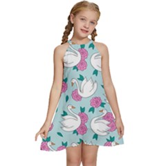 Classy Swan Pattern Kids  Halter Collar Waist Tie Chiffon Dress