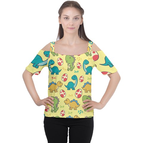 Seamless Pattern With Cute Dinosaurs Character Cutout Shoulder Tee by Wegoenart