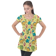 Seamless Pattern With Cute Dinosaurs Character Puff Sleeve Tunic Top by Wegoenart