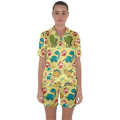 Seamless Pattern With Cute Dinosaurs Character Satin Short Sleeve Pajamas Set by Wegoenart