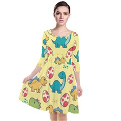 Seamless Pattern With Cute Dinosaurs Character Quarter Sleeve Waist Band Dress by Wegoenart