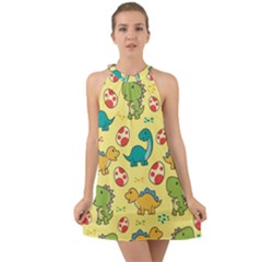 Seamless Pattern With Cute Dinosaurs Character Halter Tie Back Chiffon Dress by Wegoenart