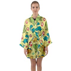 Seamless Pattern With Cute Dinosaurs Character Long Sleeve Satin Kimono by Wegoenart